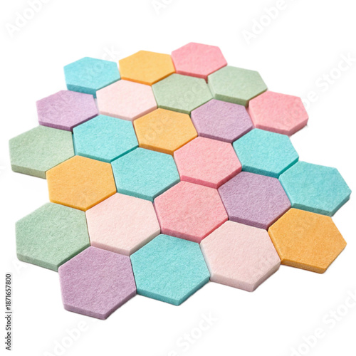 Vibrant acoustic felt hexagons in pastel colors for soundproofing and decorative interior design elements