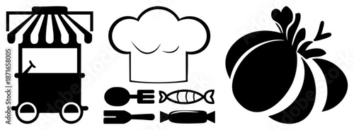 Food Truck, Chef Hat, and Candy in Bold Black Silhouettes