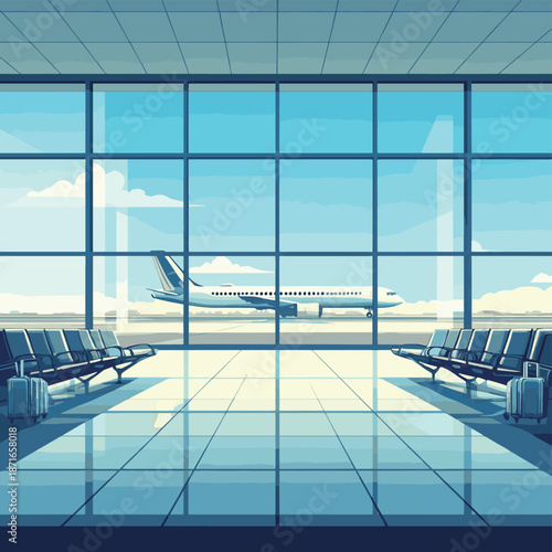 Empty airport waiting lounge with luggage and a view of an airplane on the runway through large windows. , vector style simple color