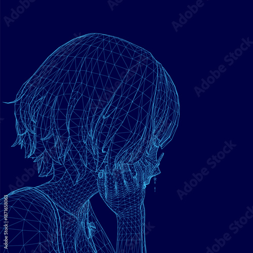 A low poly wireframe girl with glasses has her head in her hands, expressing digital despair against a solid blue background.