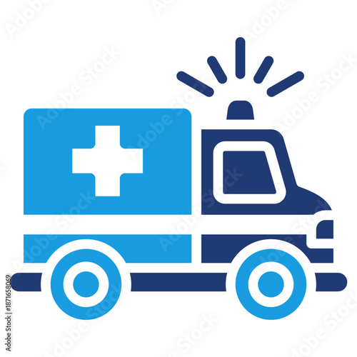 Ambulance Blue Glyph Icon – Emergency Medical Vehicle with Siren, EMS Hospital Transport Symbol