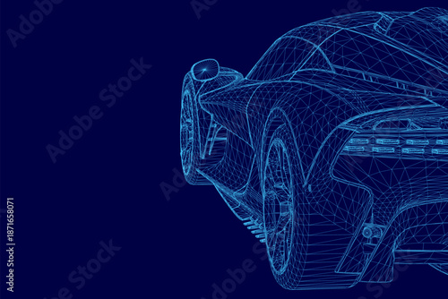 Blueprint of a sport car design in wireframe set against a blue background, showcasing detailed engineering and aerodynamic contours.