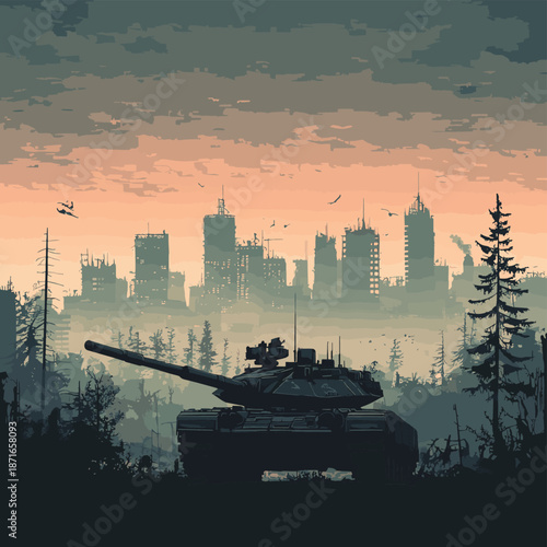 Post-Apocalyptic Urban Landscape vector illustration featuring a silhouette of a military tank amidst industrial city skyline with pollution , vector style simple color