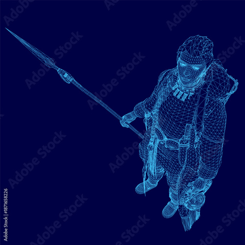 A 3D wireframe figure of a man holding a spear stands against a solid blue background.