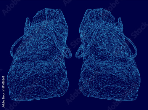 Blue sneakers with a unique wireframe design feature prominent laces on a dark blue sports background.