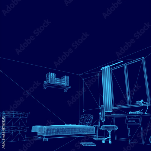 A children's room blueprint in wireframe style features a central bed with a desk to the right and a chair to the left. An open window with a curtain allows natural light, while scattered objects.
