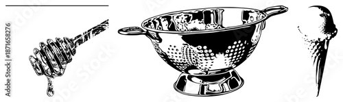 Honey Dipper, Colander, and Ice Cream Cone Vector Set