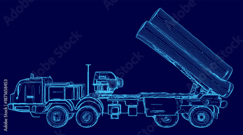 A blue military missile launcher truck with a visible contour stands ready against a dark blue background.
