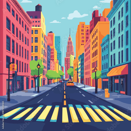 A vibrant cartoon illustration of a city street with colorful buildings, a pedestrian crossing, and a traffic light. , vector style simple color