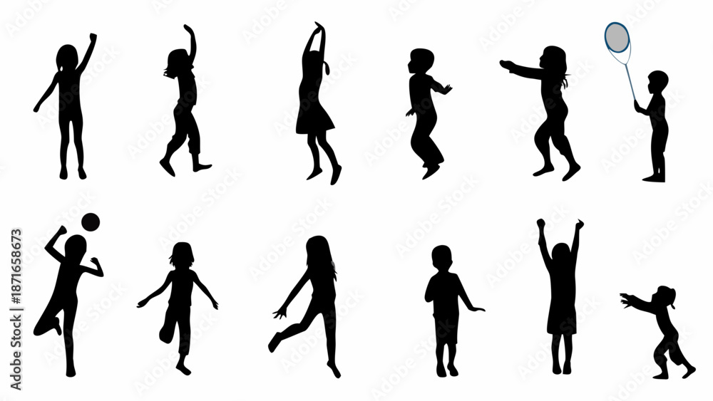 Fototapeta premium Children playing sports and having fun in silhouette