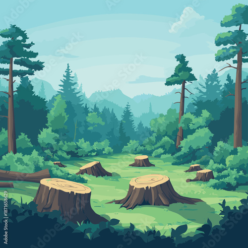 Deforestation Concept Vector Illustration Lush Forest Contrasted with Clearcut Land, Representing Environmental Impact and Conservation Efforts , vector style simple color