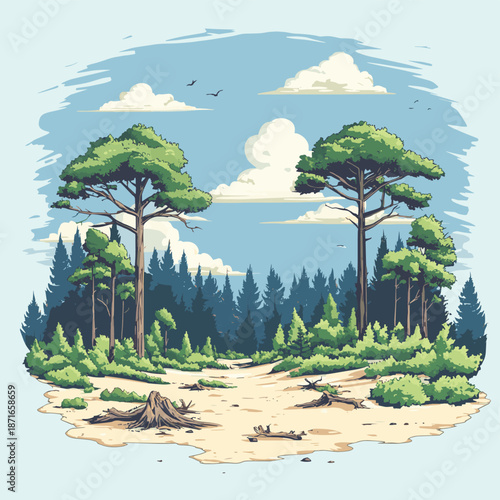 Deforestation Concept Vector Illustration Lush Forest Contrasted with Clearcut Land, Representing Environmental Impact and Conservation Efforts , vector style simple color
