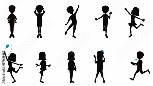 Children in various playful poses and movements in black silhouettes