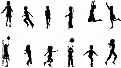 Children playing and jumping in various fun poses and actions