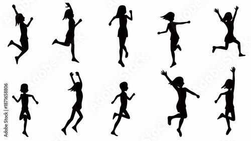 Silhouettes of joyful girls jumping in various playful poses