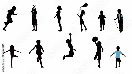 Children in various playful poses and activities in black silhouettes