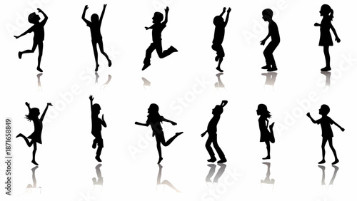Children in various joyful poses and movements in black silhouette