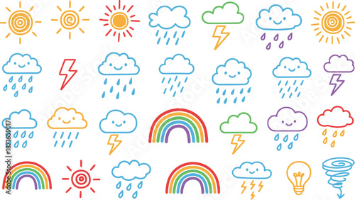 Hand Drawn Weather Symbols Collection Illustrating Various Climatic Conditions and Natural Phenomena