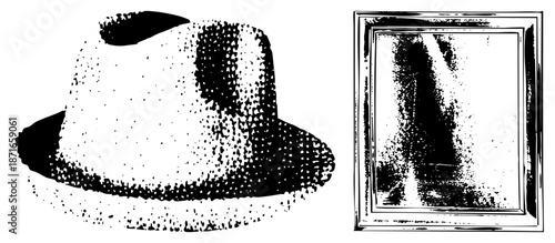 Vintage Fedora Hat and Framed Portrait in Halftone Vector Style