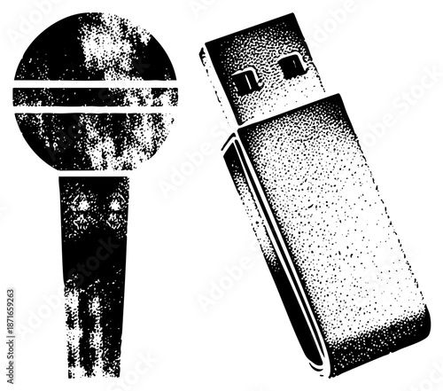 Vintage Microphone and USB Flash Drive in Halftone Vector Illustration