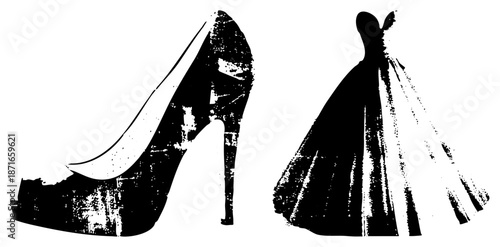 Elegant High Heel Shoe and Formal Gown Silhouettes in Grunge Vector Style