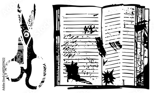 Vintage Scissors Cutting Through Worn Book Pages