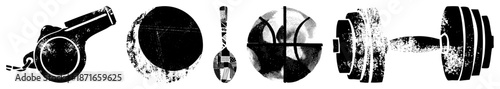 Vintage Sports Gear Whistle, Ball, Spoon, Dumbbell in Grunge Vector Style