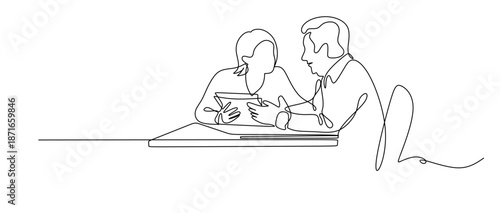 Business discussion of man and woman. Continuous line art illustration of a man and woman engaged in a professional discussion. A minimalist continuous line drawing depicts a man and a woman sitting