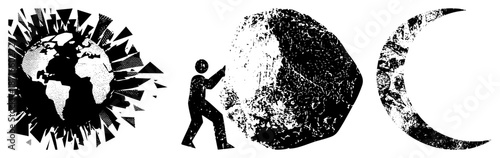 Abstract Earth, Human Pushing Boulder, Moon Grunge Vector