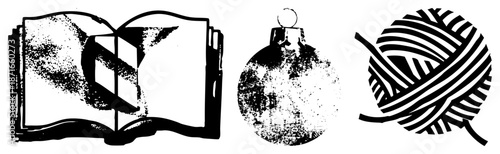 Open Book, Ornament, and Yarn Ball in Halftone Vector Illustration