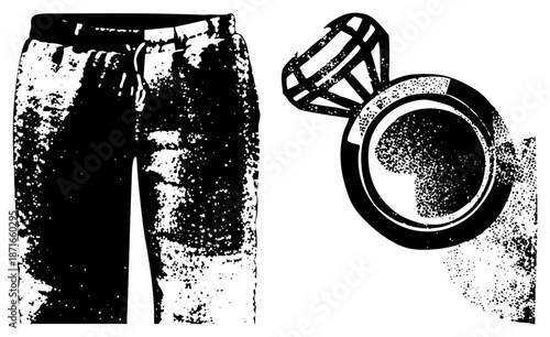Distressed Jeans and Diamond Ring in Bold Halftone Vector Illustration