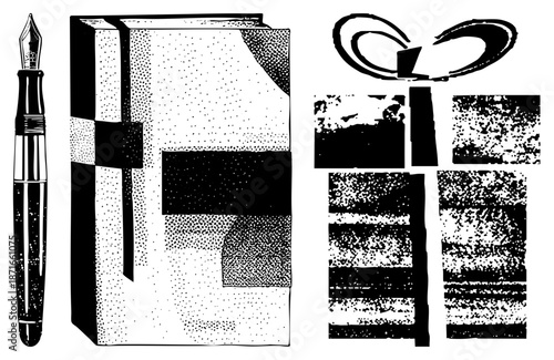 Vintage Fountain Pen and Art Book with Halftone Texture Samples