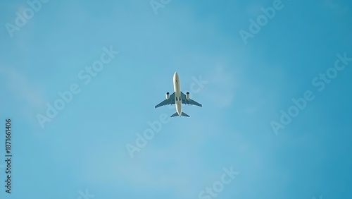 Airplane ascending into a clear blue sky with soft clouds.
