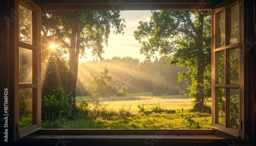 Sunlight Streaming Through Open Window Overlooking a Lush Meadow.