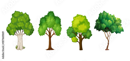Tree Vector Illustration Collection Featuring Tropical and Orchard Trees with Mango, Apple, Banana, Orange, Coconut Palm and More Isolated on White Background, Colorful Tree Vector Illustration