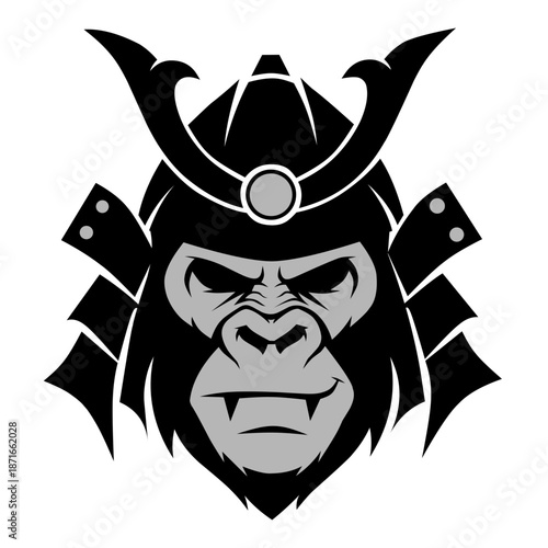 Fierce gorilla warrior wearing samurai helmet and armor
