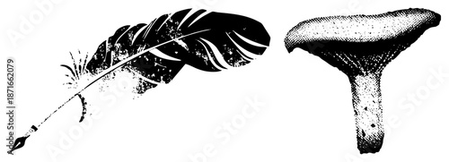 Vintage Quill Pen and Mushroom in Halftone Vector Illustration