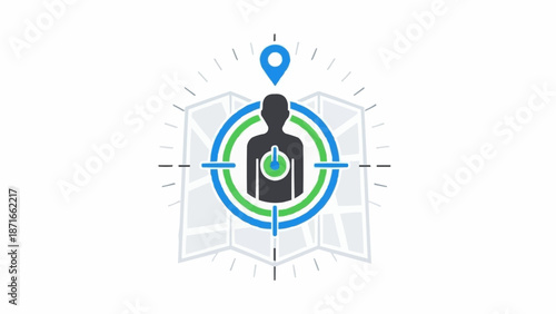 Targeted Location Pin on Human Silhouette within Map Crosshairs.