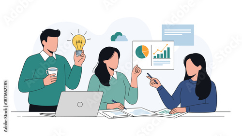 Business team collaborating in a meeting, brainstorming new ideas with a lightbulb symbol and analyzing data charts for strategic planning.