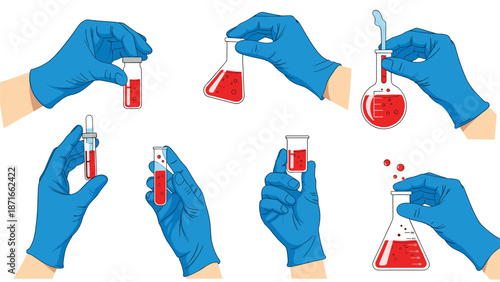 Collection of hands in blue protective gloves holding various laboratory glassware with red liquid, illustrating scientific research, medical tests, and analysis.
