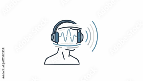 Person wearing headphones with sound waves emanating from head.