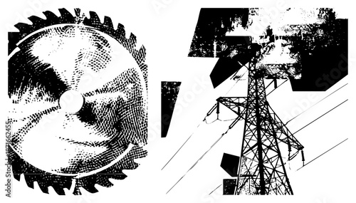 Industrial Saw Blade and Power Tower Vector Illustration Set