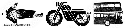 Vintage Motorcycle, Double Decker Bus, and Aircraft Silhouettes in Grunge Vector Style