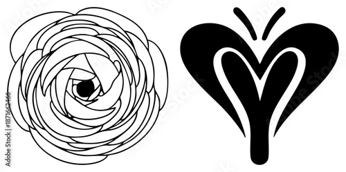 Abstract Rose and Heart Symbols in Minimalist Black Art