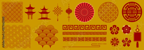 Traditional Chinese cultural symbols and patterns displayed in red and gold illustrations