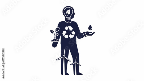 Person with lightbulb head and environmental symbols representing sustainability and renewable energy.