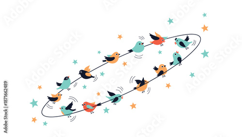 A whimsical flock of colorful cartoon birds flying in a connected elliptical orbit among stars, representing teamwork, community, and interconnectedness.
