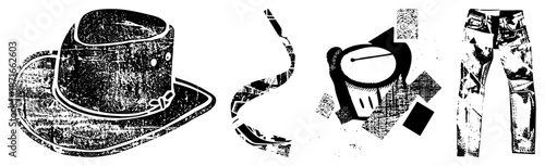 Vintage Cowboy Hat, Smoking Cigar, Coffee Mug, Ripped Jeans Grunge Vector Set