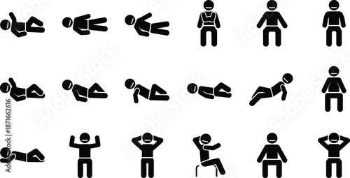 Stick Figure Abdominal Exercise Silhouettes Showing Sit-Ups, Crunches, Leg Raises, Fitness Poses, Black Icons, Workout Routine