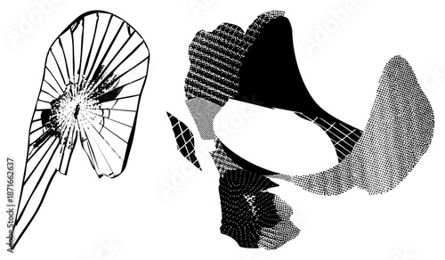 Shattered Glass and Halftone Abstract Forms in Black and White